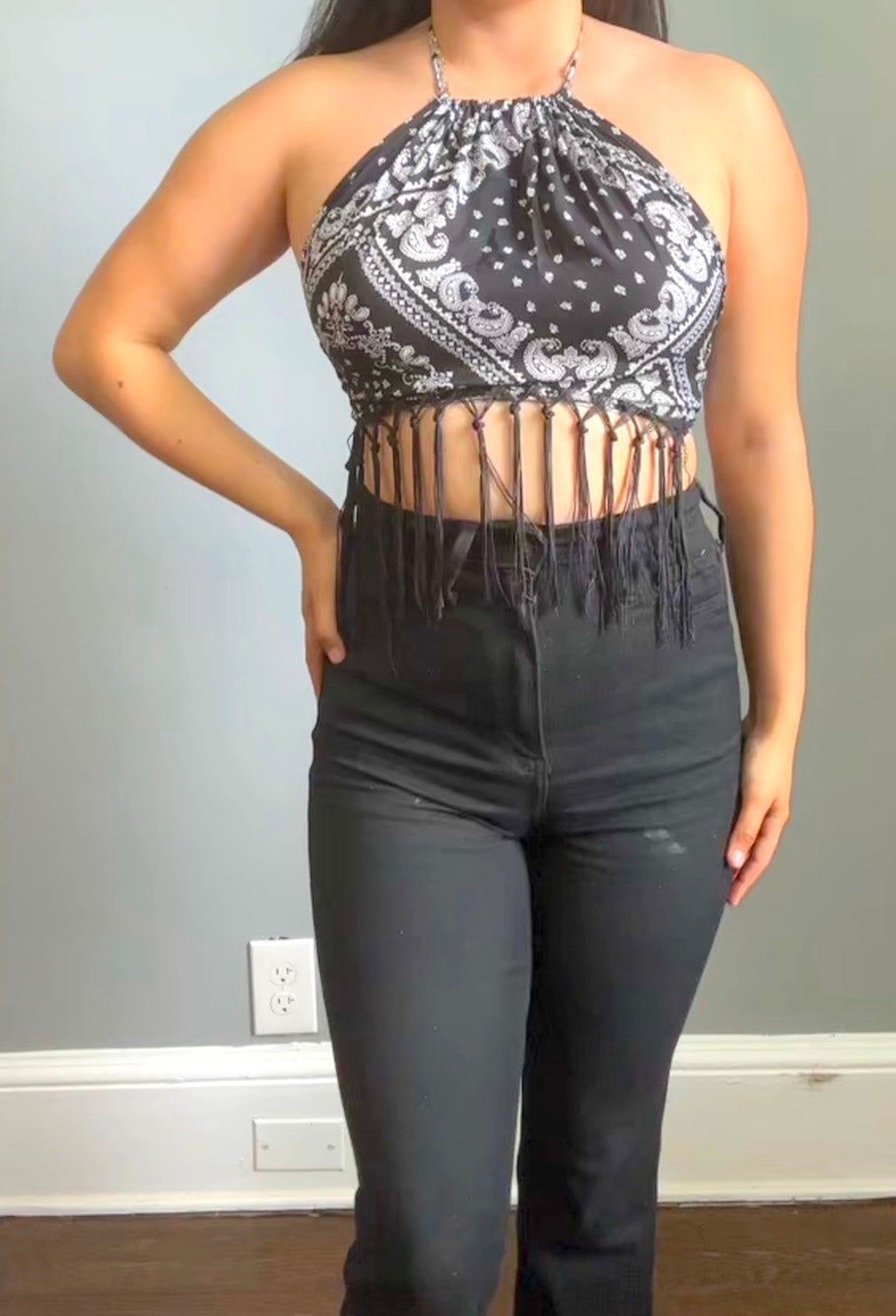 Paisley Fringe Halter Crop Top