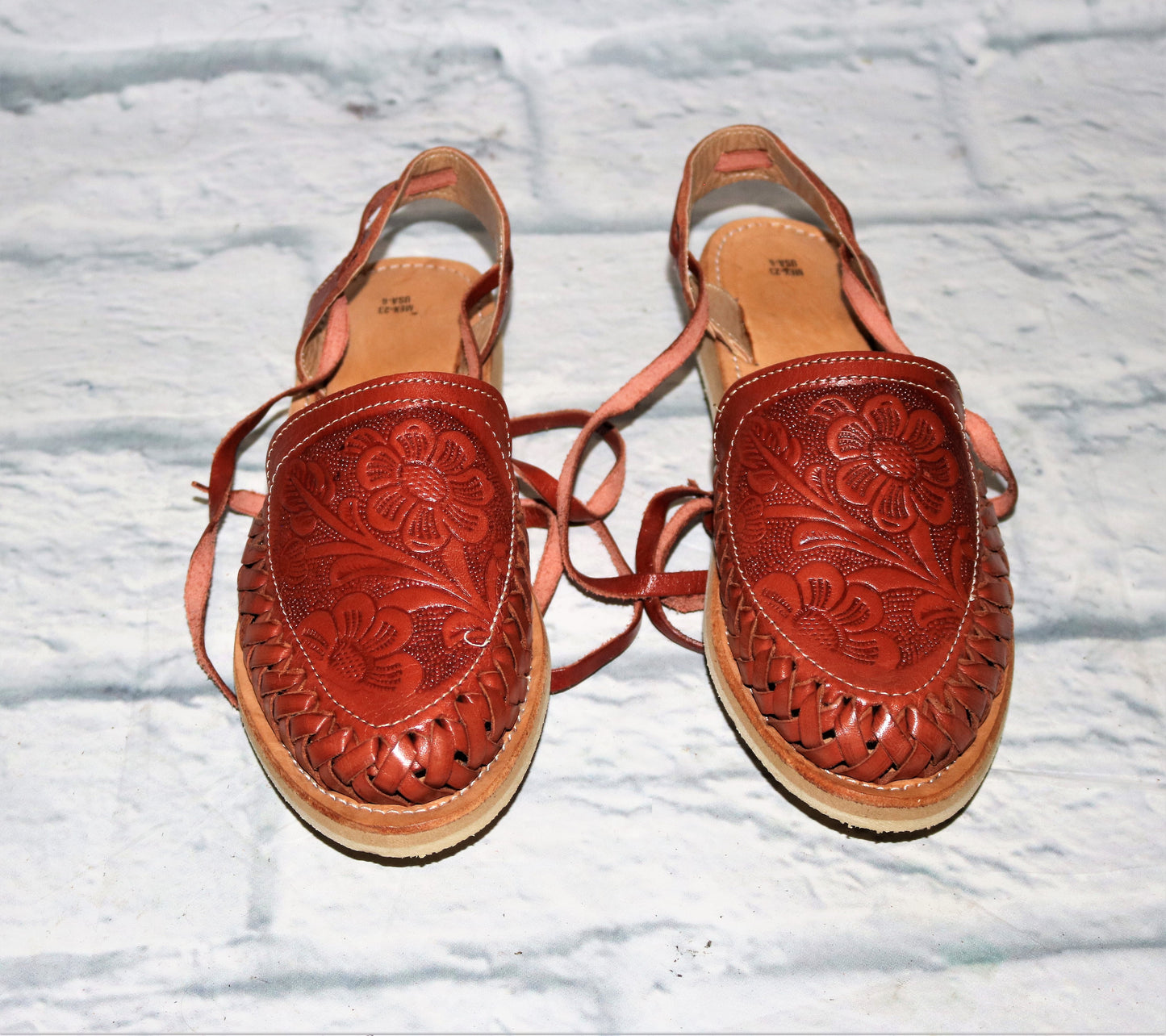 Engraved Flower Tan Lace Up Sandals