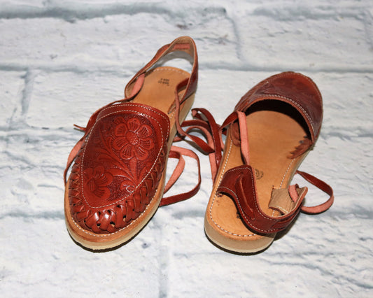Engraved Flower Tan Lace Up Sandals